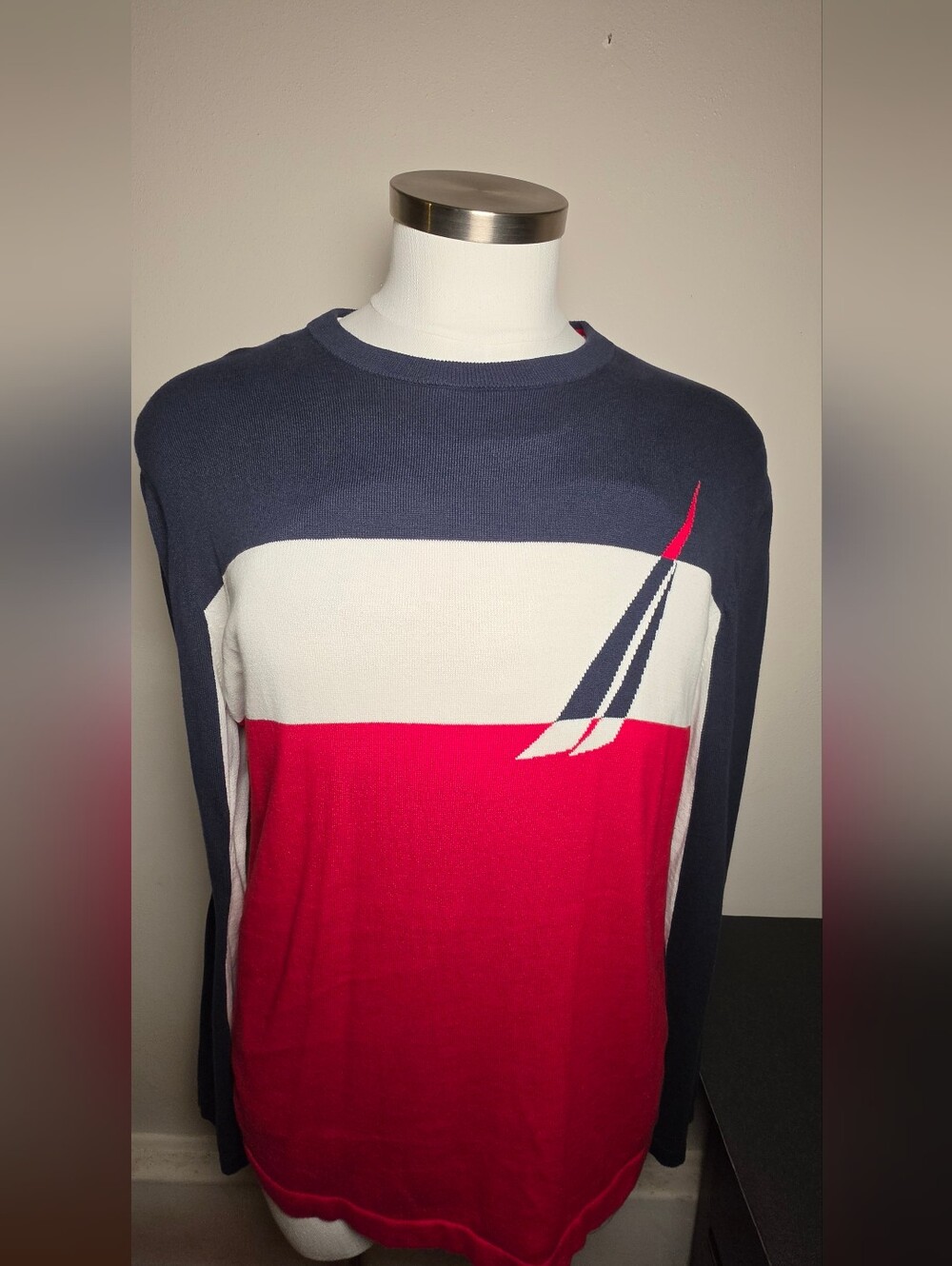 Nautica Men's Colorblock Crewneck Sweater - Navy, White & Red